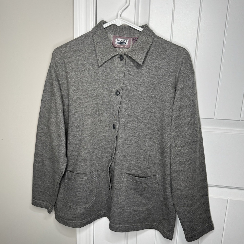 Vtg Premier International Womens XL Grey French Terry Button Shirt Jacket